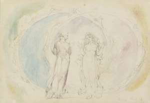 球体の炎の中でジェミニのベアトリスとダンテ、「神の喜劇」、パラディソ、1825-27年のイラスト（グラファイトの上にペンとインクを備えたトイレ） 作： William Blake